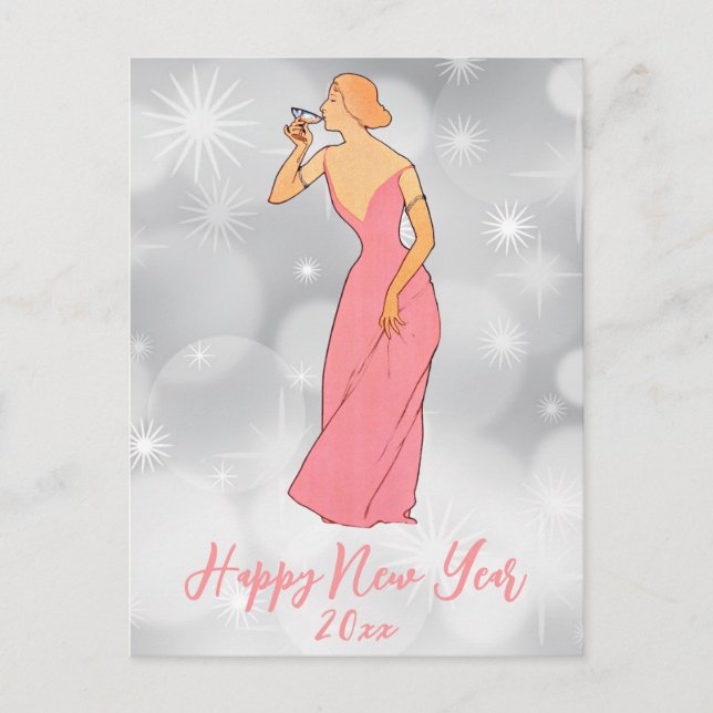 Vintage Happy New Year Art Deco Lady Postcard (Front)