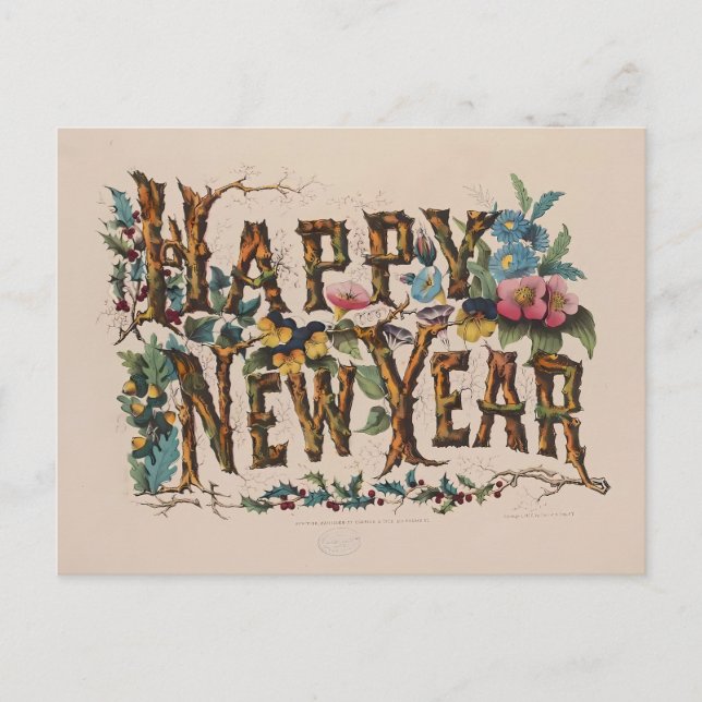 Vintage "Happy New Year" Botanical Lettering Postcard (Front)