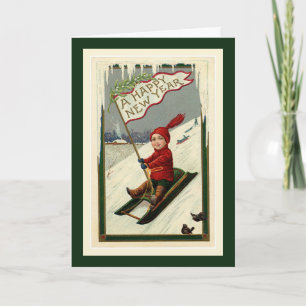 Vintage Happy New Year Boy and Sled Holiday Card