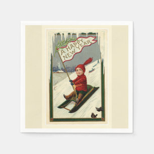 Vintage Happy New Year Boy and Sled Paper Napkin
