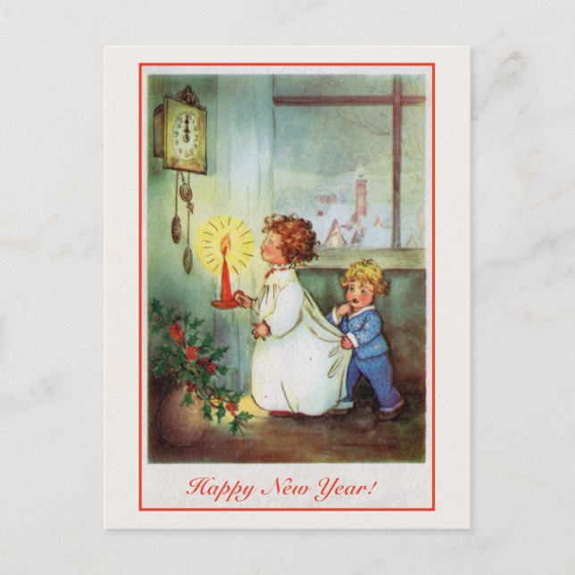 Vintage Happy New Year children clock Holiday Postcard (Front)