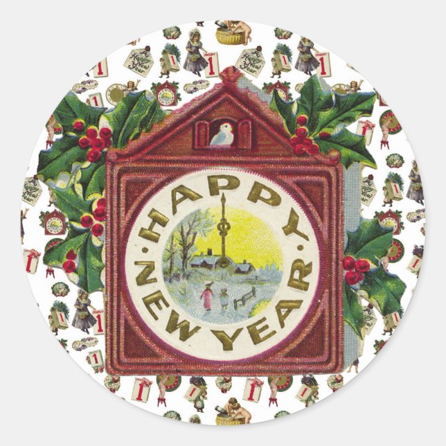 Vintage Happy New Year Classic Round Sticker (Front)