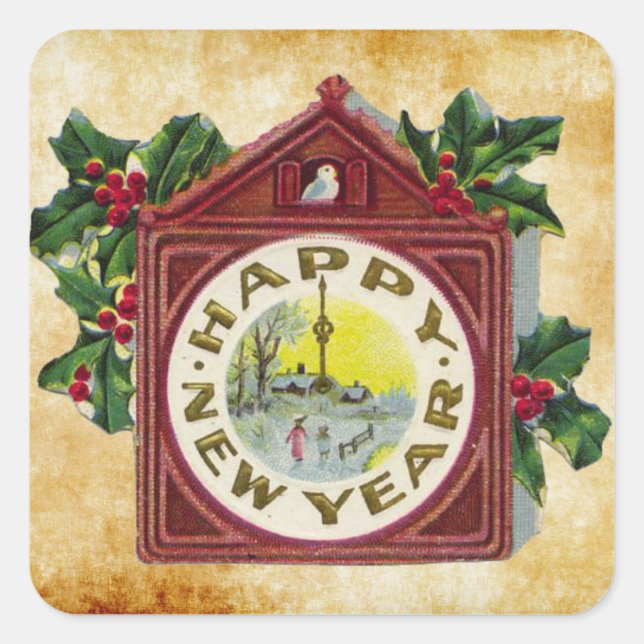 vintage happy new year clock square sticker (Front)