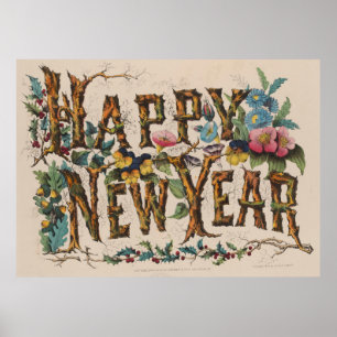 Vintage Happy New Year Illustration (1876) Poster