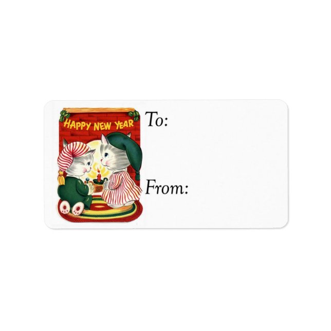 Vintage Happy New Year Kittens Gift Tag (Front)