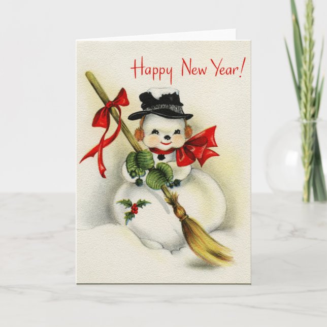Vintage Happy New Year Snowman Greeting Card (Front)