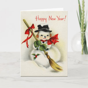 Vintage Happy New Year Snowman Greeting Card