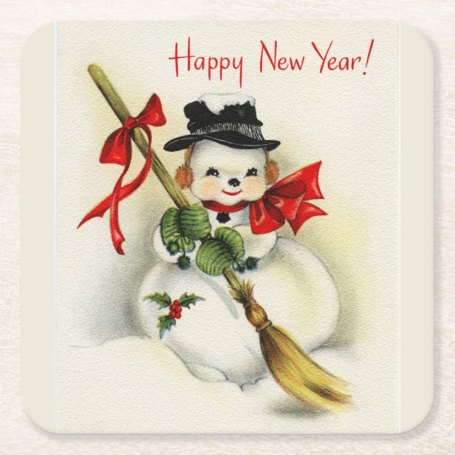 Vintage Happy New Year Snowman Square Paper Coaster (Front)
