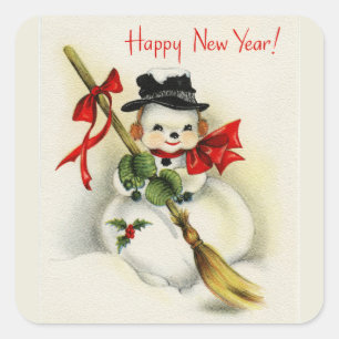 Vintage Happy New Year Snowman Square Sticker