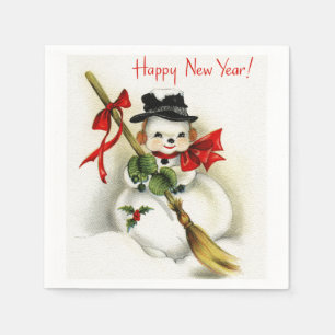 Vintage Happy New Year  Snowman White Paper Napkin