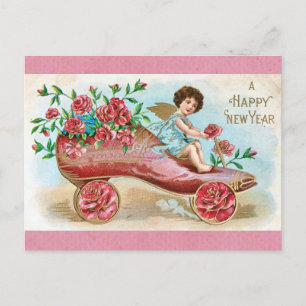 Vintage Happy New Year Victorian Angel Floral Postcard