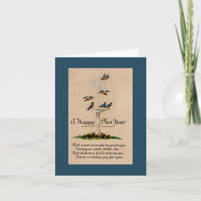 Vintage Happy New Year With Birds Card (Front)