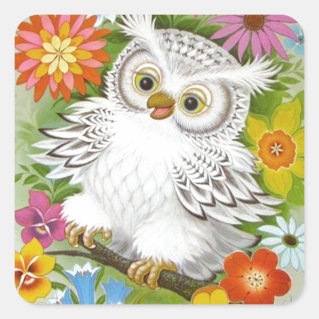 Vintage Happy Owl In Flowers Square Sticker (Front)