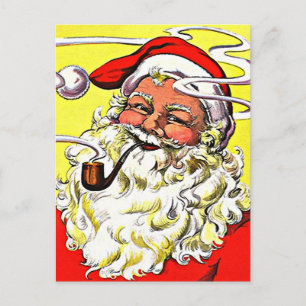 Vintage Happy Santa Smoking Pipe yellow red white Holiday Postcard