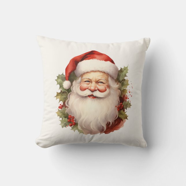 Vintage Happy Santa Square Throw Pillow (Front)