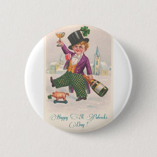 Vintage Happy St Patricks Day Shamrock Champagne 6 Cm Round Badge