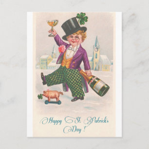 Vintage Happy St Patricks Day Shamrock Champagne Postcard