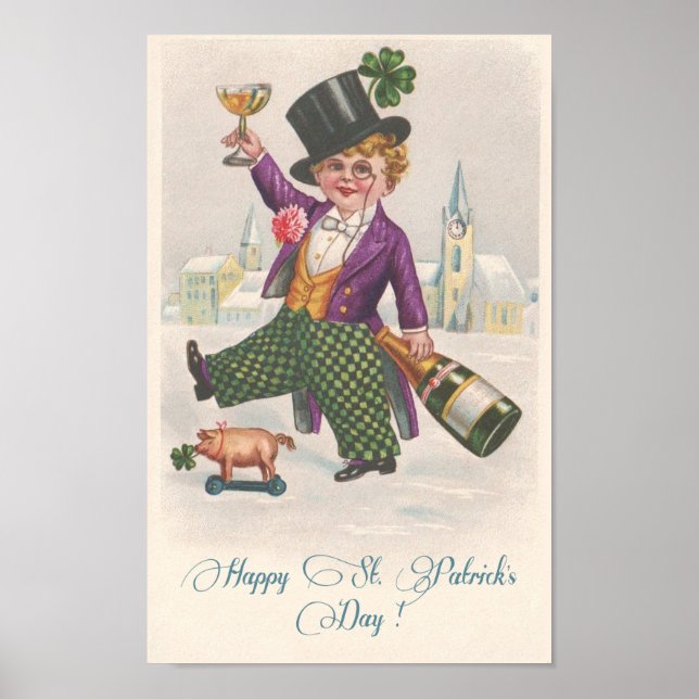 Vintage Happy St Patricks Day Shamrock Champagne Poster (Front)