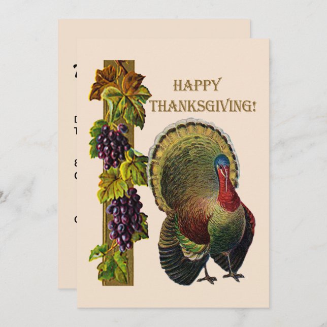 Vintage Happy Thanksgiving Turkey and Grapes, ZPR Invitation (Front/Back)
