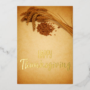 Vintage Happy Thanksgiving Wheat Corn Foil Holiday Card