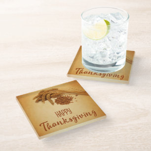 Vintage Happy Thanksgiving Wheat Corn Glass Coaster