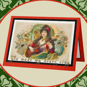 Vintage Happy Valentine's Day Gypsy Playing Guitar Card
