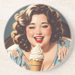 Vintage Happy Woman Eating Ice Cream Coaster