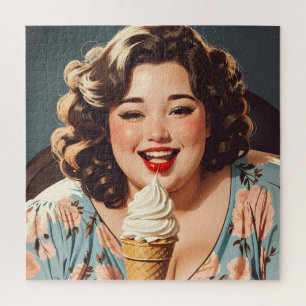Vintage Happy Woman Eating Ice Cream Jigsaw Puzzle