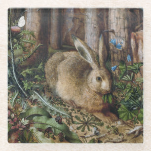 Vintage Hare Woodland Nature Dark Cottagecore Glass Coaster