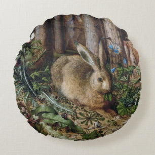 Vintage Hare Woodland Nature Dark Cottagecore Round Cushion