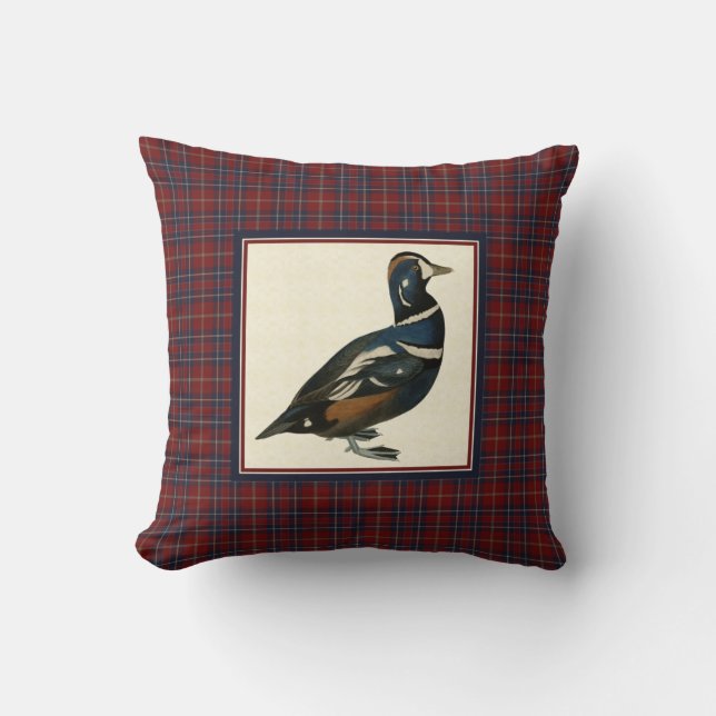 Vintage Harlequin Duck with Plaid Square Pillow (Front)