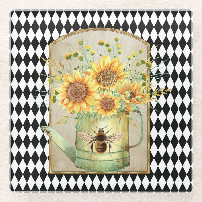 Vintage Harlequin Garden Sunflowers  Glass Coaster (Front)