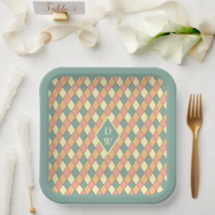 Vintage Harlequin Monogram Party Decor Paper Plate
