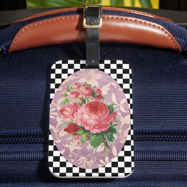 Vintage Harlequin Pink Roses  Luggage Tag (Front Insitu 2)