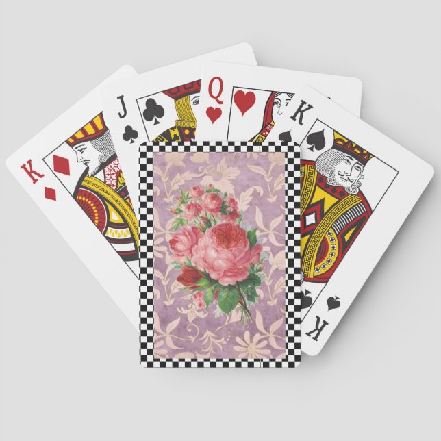 Vintage Harlequin Pink Roses  Playing Cards (Back)