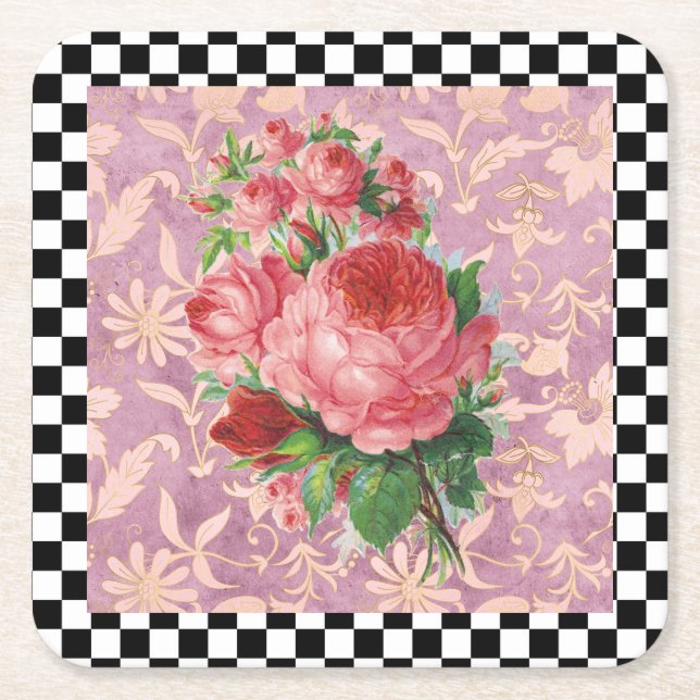 Vintage Harlequin Pink Roses  Square Paper Coaster (Front)