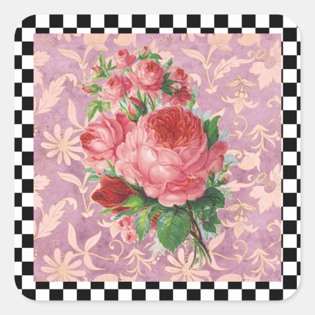 Vintage Harlequin Pink Roses  Square Sticker (Front)