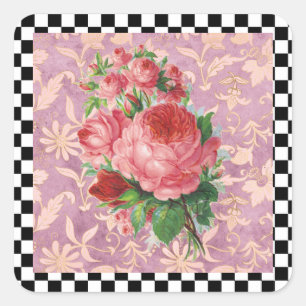 Vintage Harlequin Pink Roses  Square Sticker
