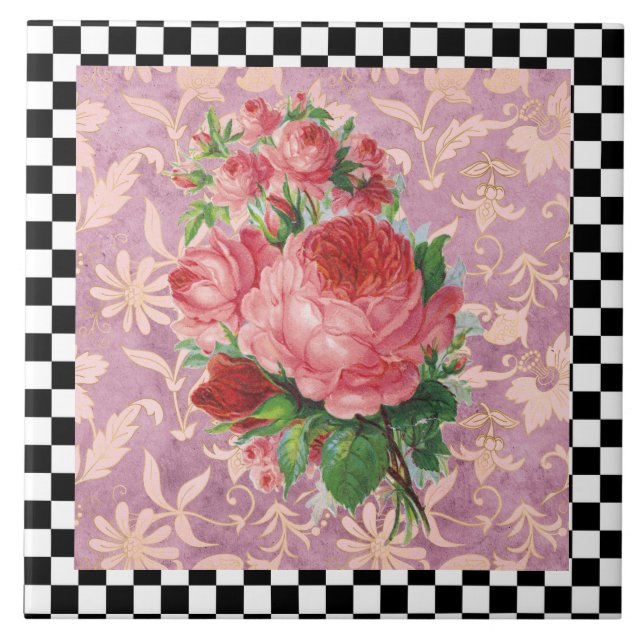 Vintage Harlequin Pink Roses  Tile (Front)