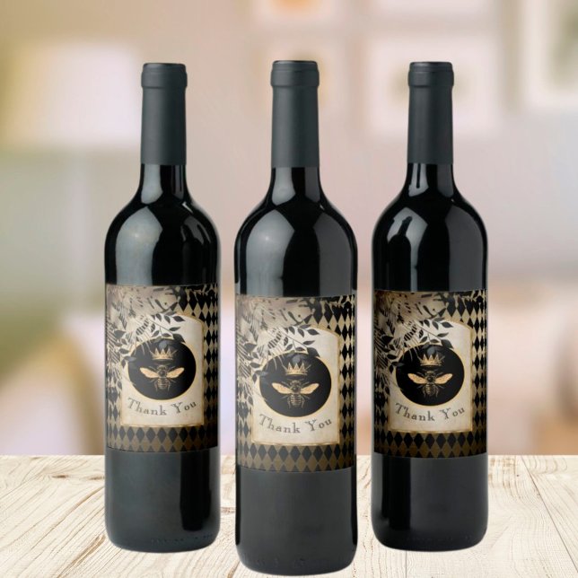 Vintage Harlequin Queen Bee Thank You  Wine Label (Creator Uploaded)