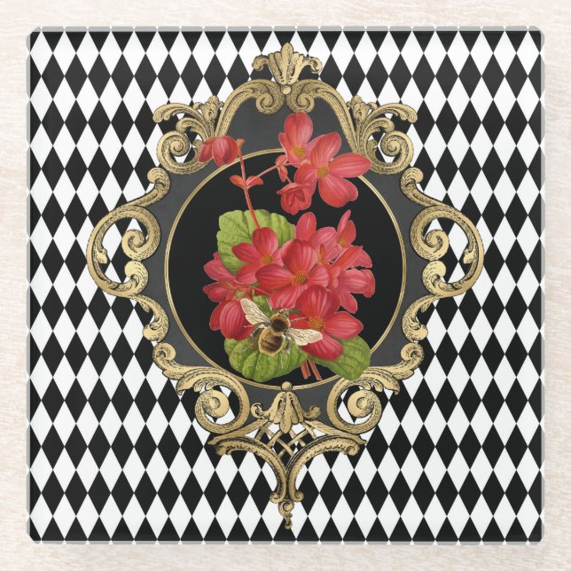 Vintage Harlequin Red Begonias Glass Coaster (Front)