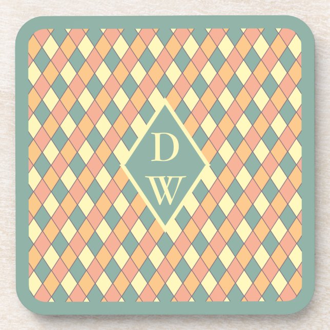 Vintage Harlequine Diagonal in Pastels Monogram Coaster (Front)