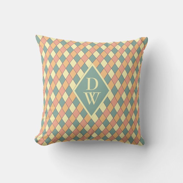 Vintage Harlequine Diagonal in Pastels Monogram Cushion (Front)