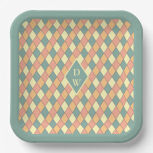 Vintage Harlequine Diagonal in Pastels Monogram Paper Plate