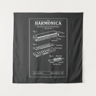 Vintage Harmonica Blueprint Tapestry