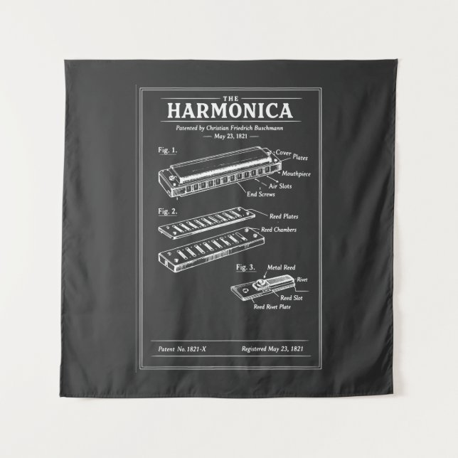 Vintage Harmonica Blueprint Tapestry (Front)