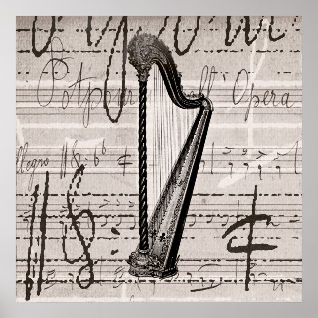 Vintage Harp and Antique Music Collage Customised Poster (Front)