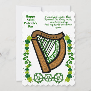 Vintage Harp Saint Patricks Day Shamrock Celtic  Holiday Card