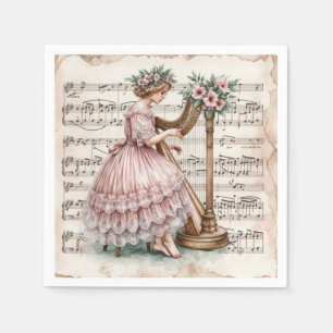Vintage Harpist On Sheet Music Napkin