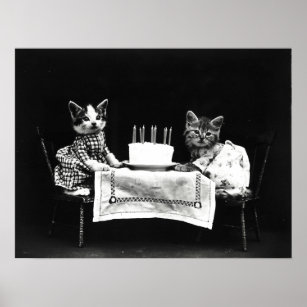 Vintage Harry Frees Funny Cats with Birthday Cake Poster